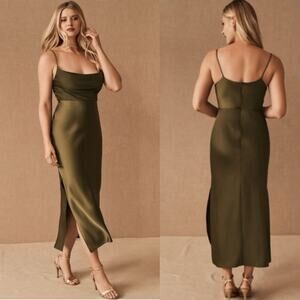 Anthro BHLDN Cali Satin Cowl-Neck Midi Slip Dress Size 0 Olive Green Bridesmaids